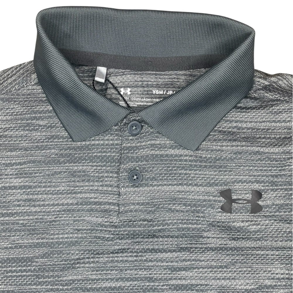 NWT Under Armour Gray/Black Boys Loose Fit Heat Gear Polo- Youth Small
